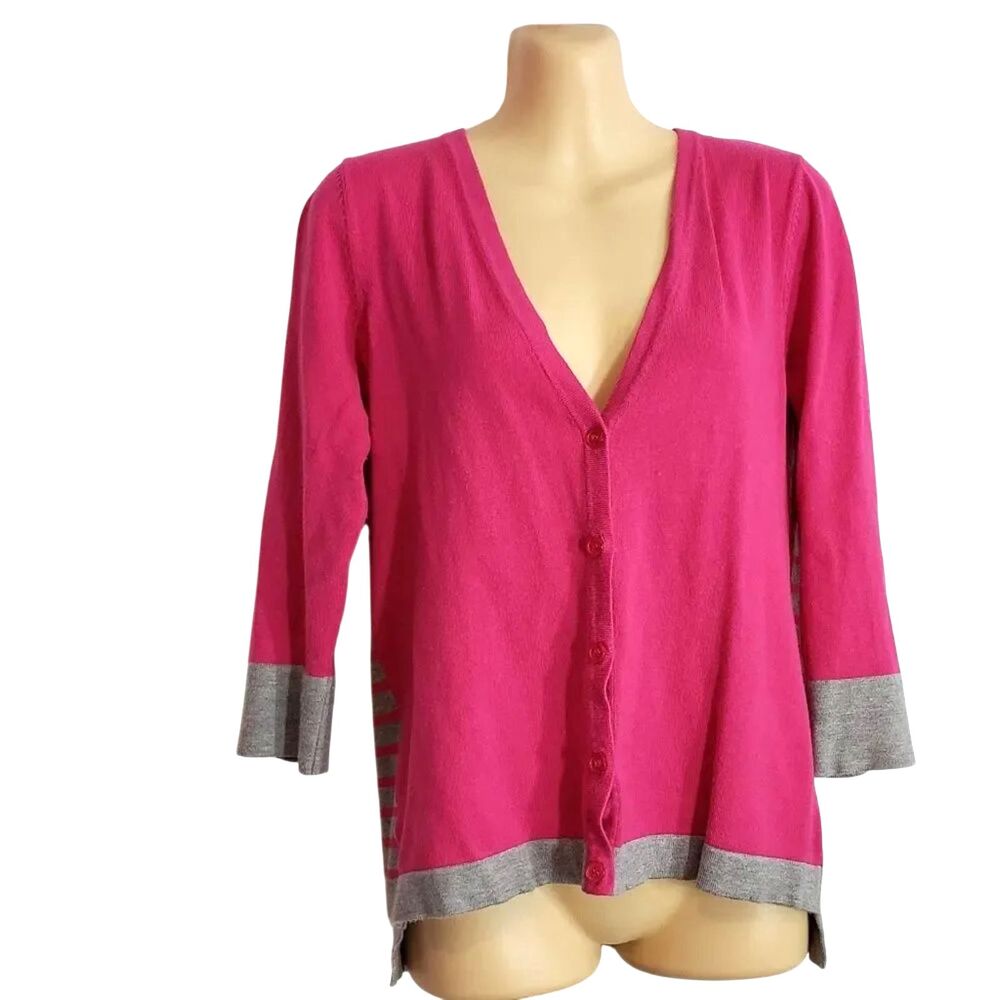 OneA Cardigan Sweater M Pink Gray Striped 3/4 Sleeve Button Front
